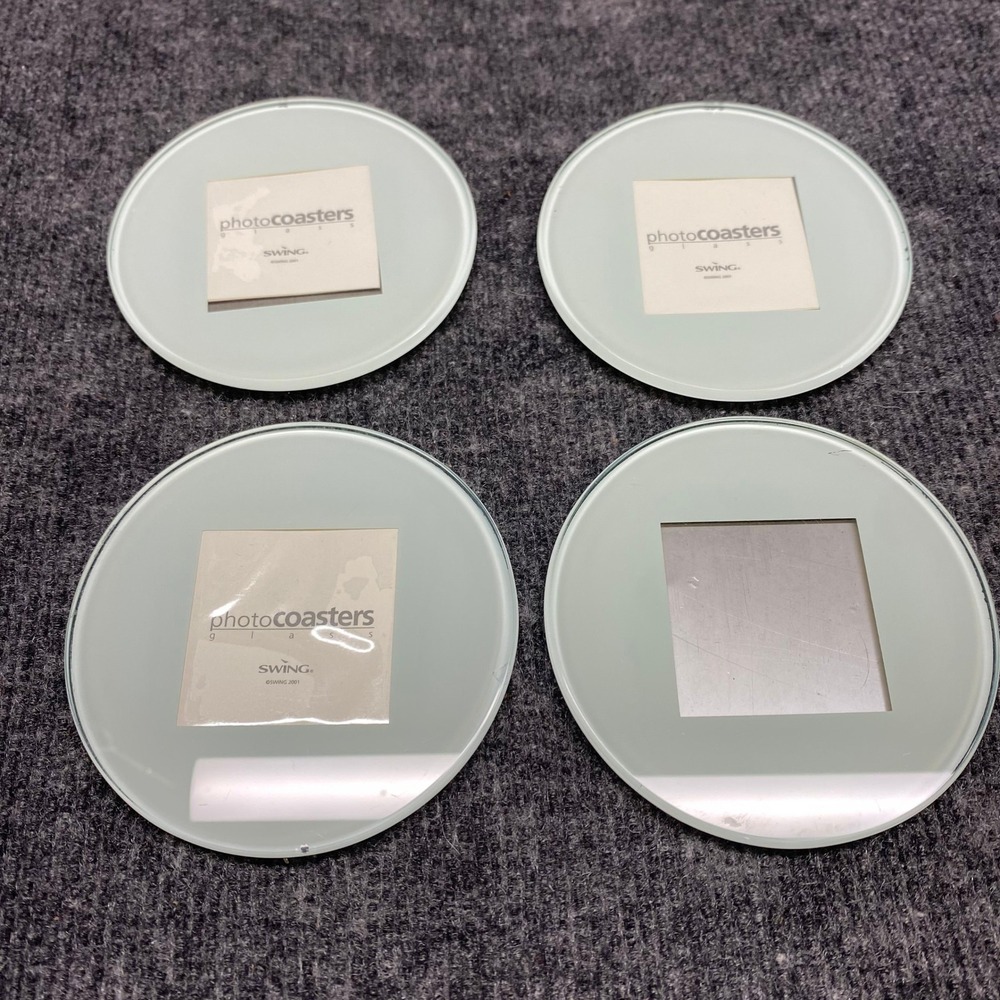 Swing Design Frosted Glass Photo Coasters Set of 4 Round Y2K Modern 2001 Vintage
